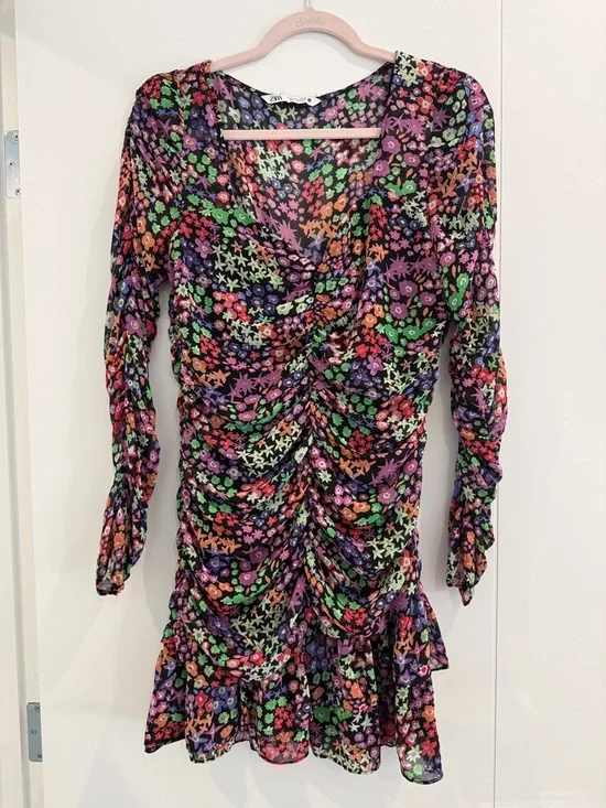 Zara Multicolor Floral Long Sleeve Ruched Dress - Picture 2 of 7